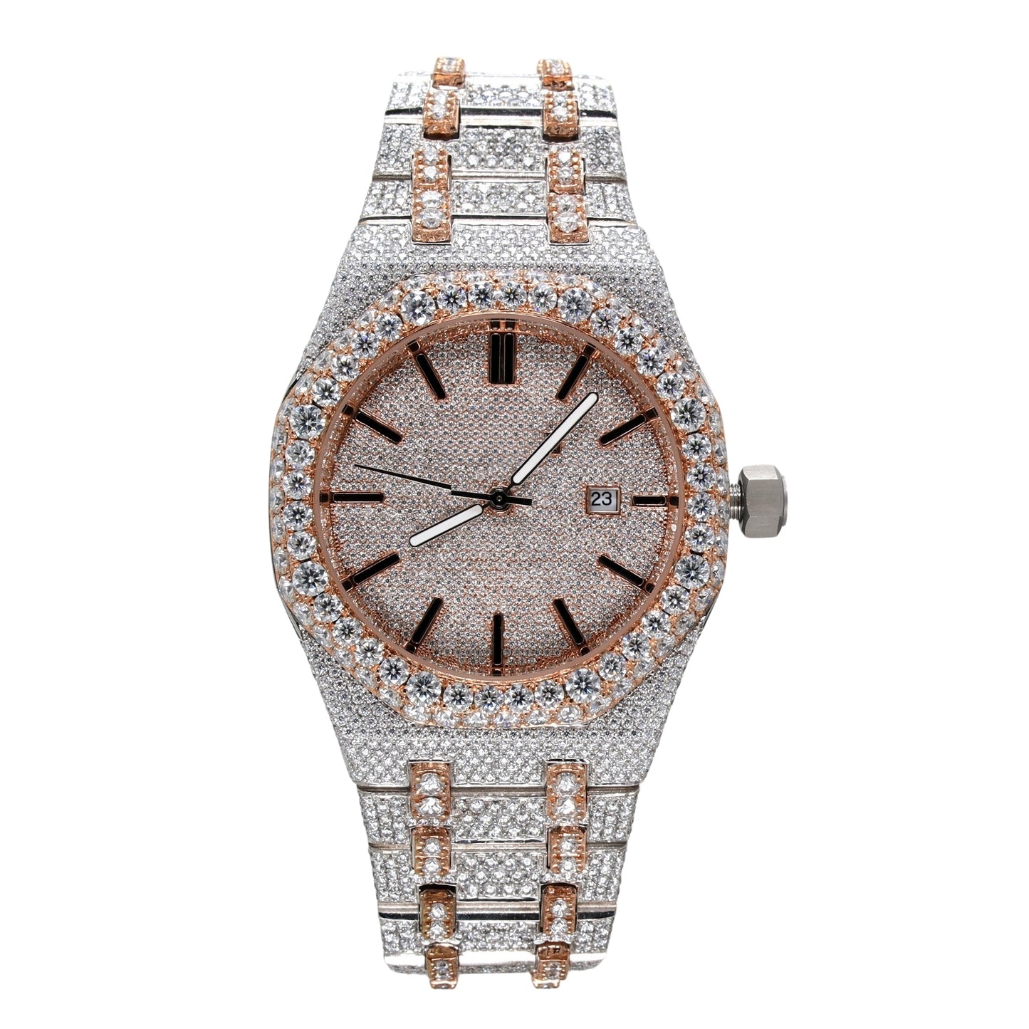 Two Tone Rose Gold Plated Round Dial Diamond Watch - Ulight Jewels