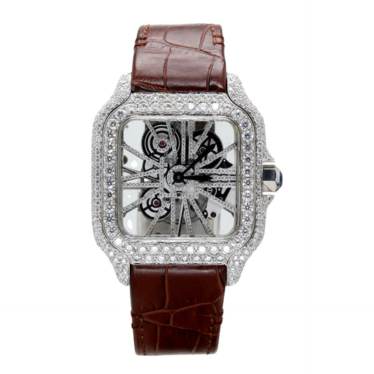 Luxury Brown Leather Belt Semi Loaded Diamond Watch - Ulight Jewels