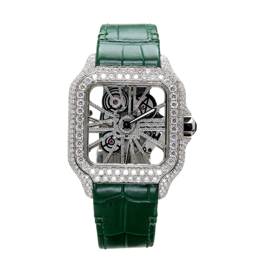 Green Leather Strap Brilliant Cut Diamond Studded Watch - Ulight Jewels