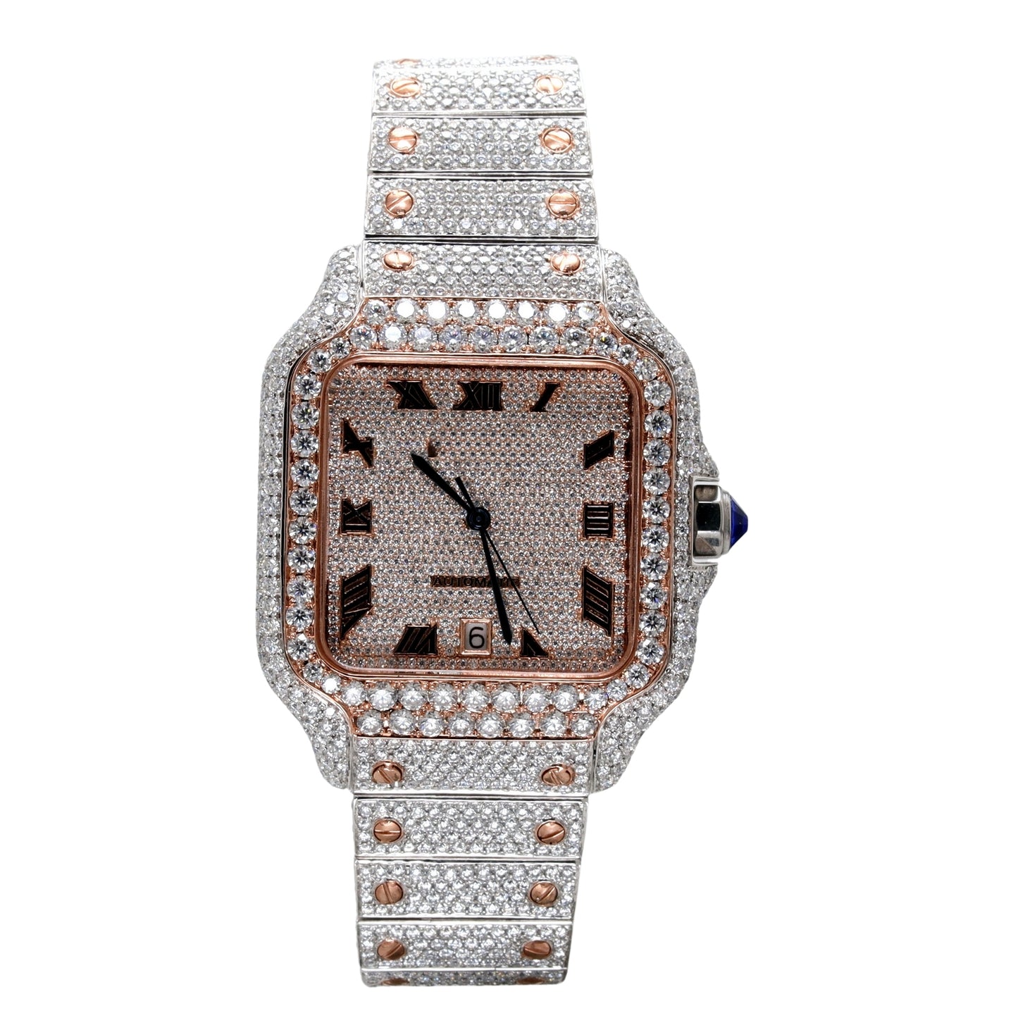 Iced Out Square Two Tone Roman Dial Rose Gold Plated Diamond Watch - Ulight Jewels