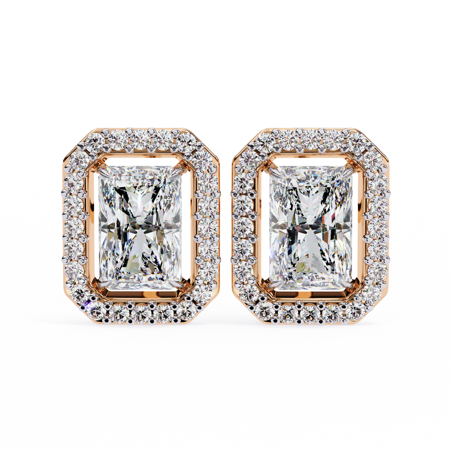 1.60 CT Radiant Cut & Round Cut Halo Diamond Stud Earrings