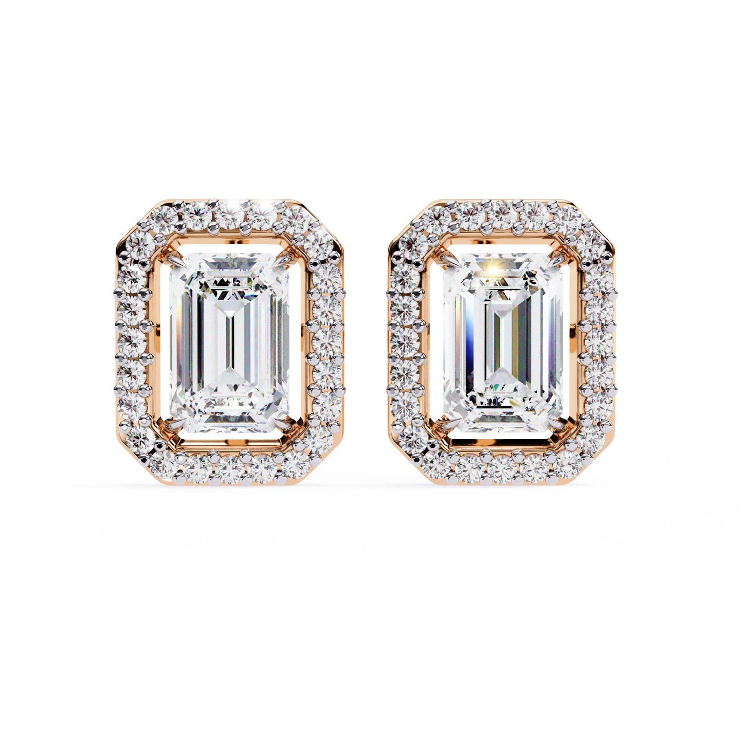 1.75 CT Emerald Cut & Round Cut Halo Diamond Stud Earrings