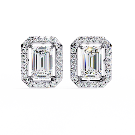 1.75 CT Emerald Cut & Round Cut Halo Diamond Stud Earring - Ulight Jewels