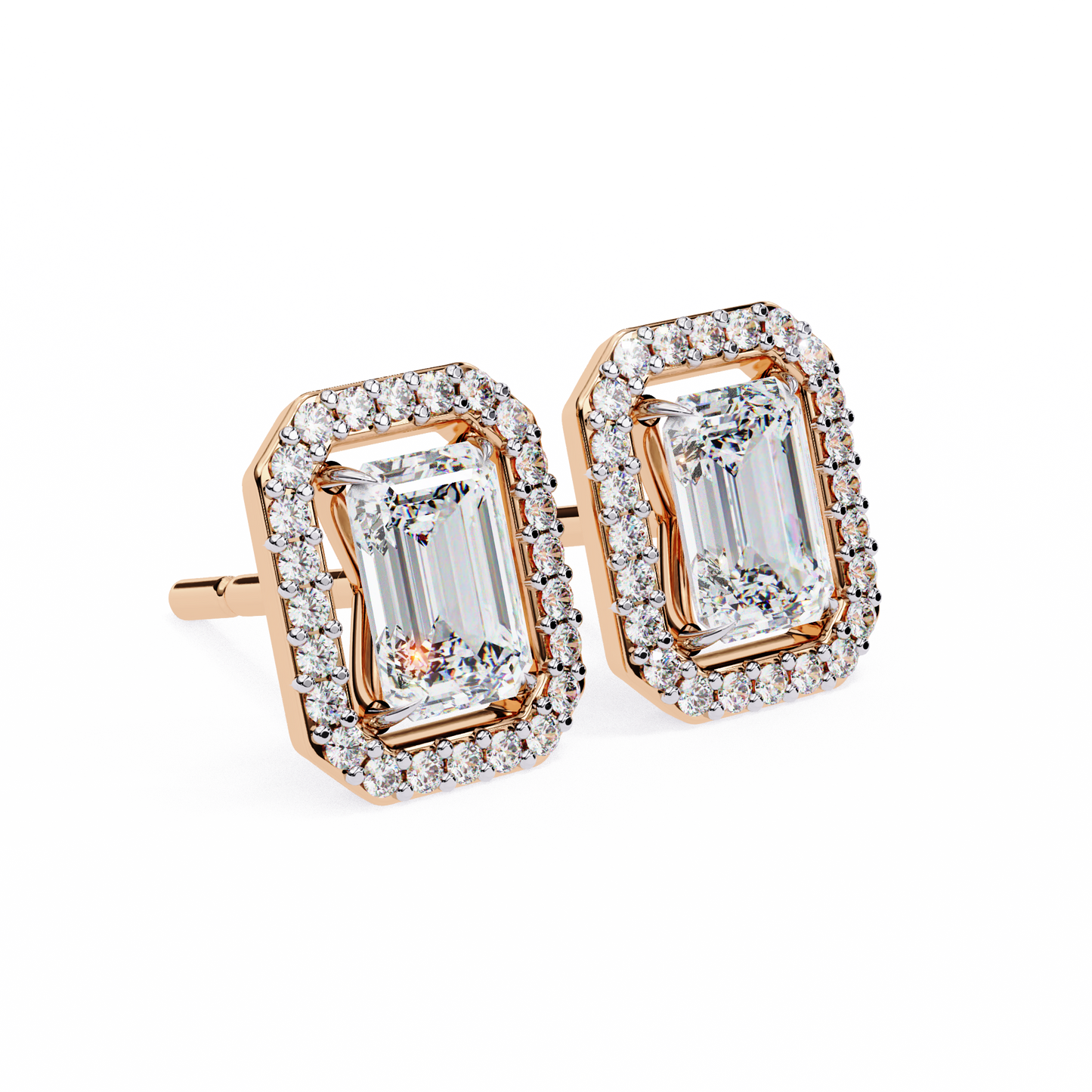 1.75 CT Emerald Cut & Round Cut Halo Diamond Stud Earrings