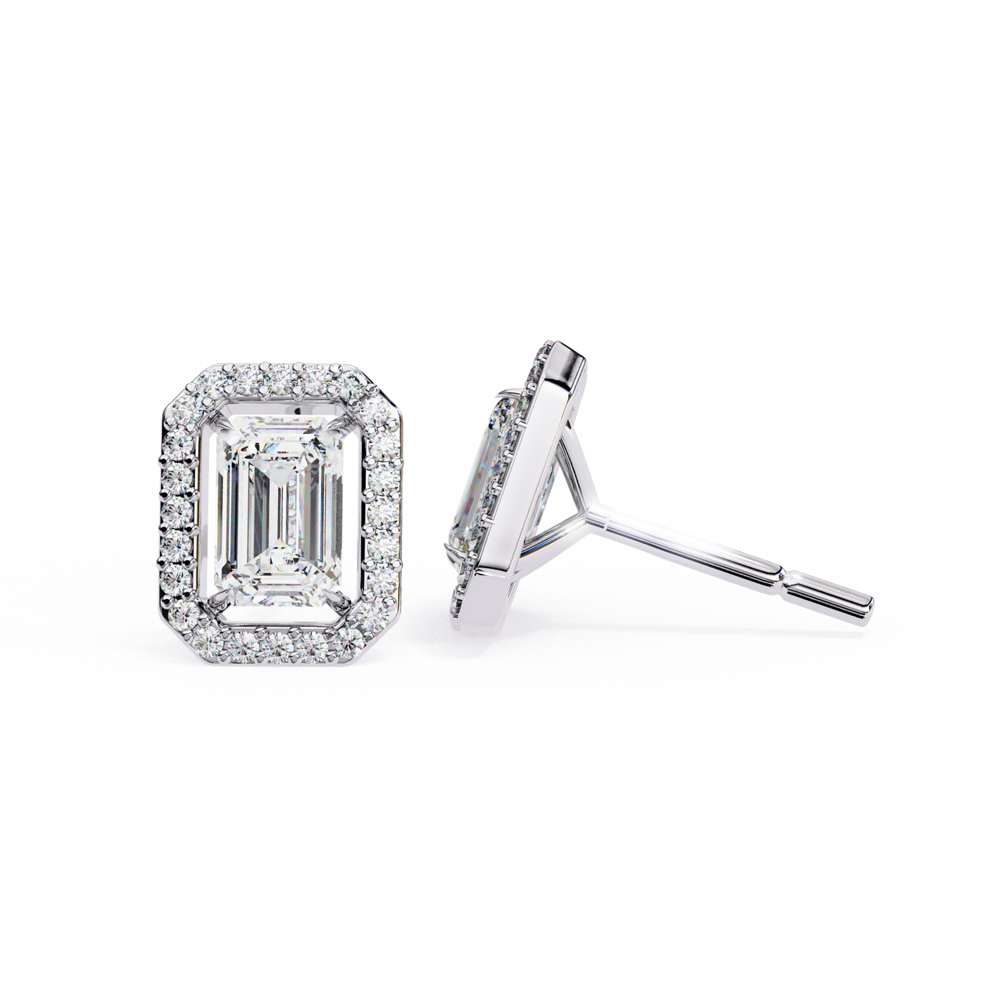 1.75 CT Emerald Cut & Round Cut Halo Diamond Stud Earrings