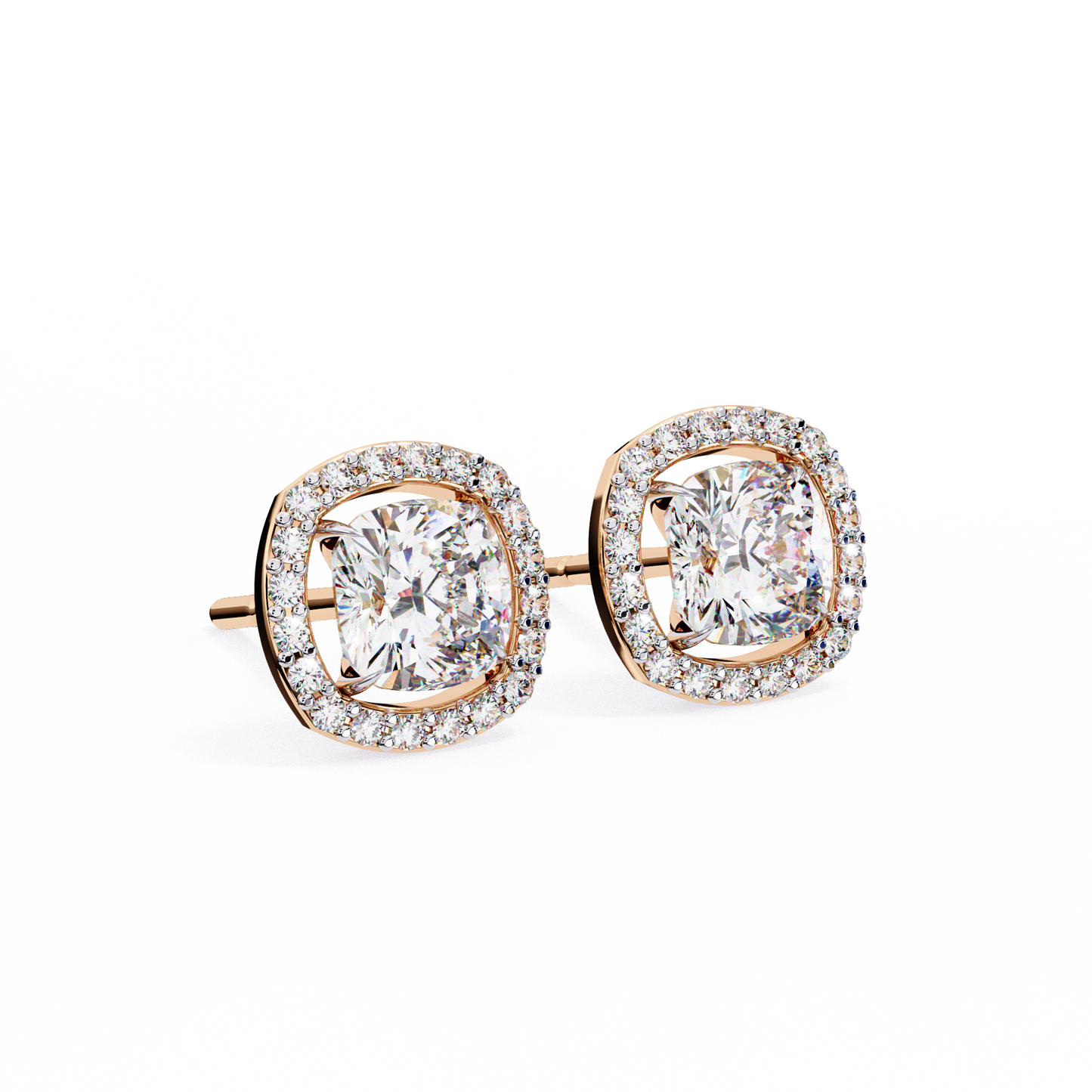 2.25 CT Cushion Cut & Round Cut Halo Diamond Stud Earrings