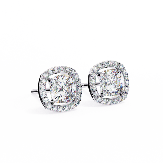 2.25 CT Cushion Cut & Round Cut Halo Diamond Stud Earrings