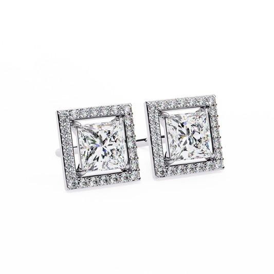 2.25 CT Princess  Cut & Round Cut Halo Diamond Stud Earring - Ulight Jewels