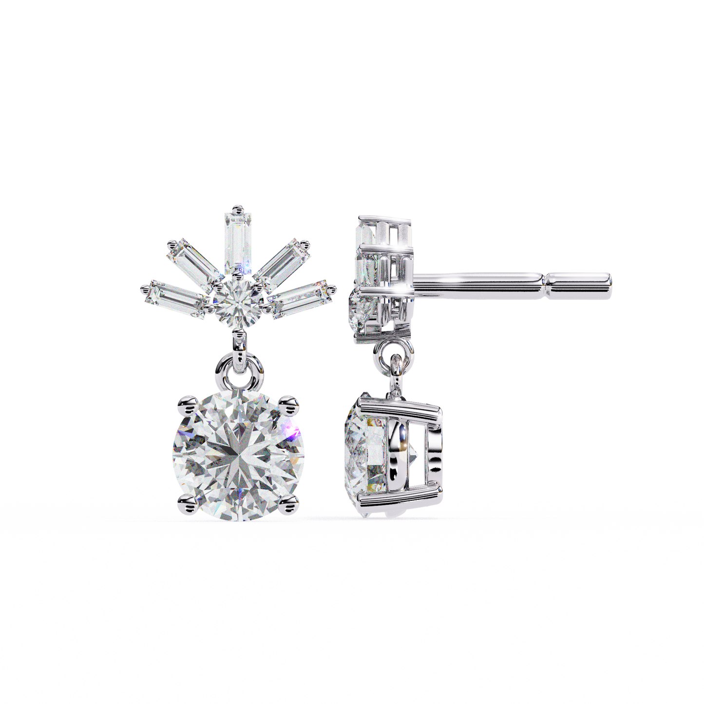 0.90CT Round & Baguette Cut Diamond Drop Earrings