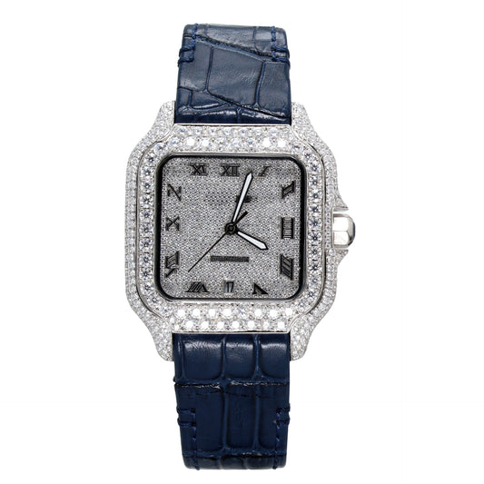 Blue Leather Fancy Square Dial Diamond Watch-Men - Ulight Jewels