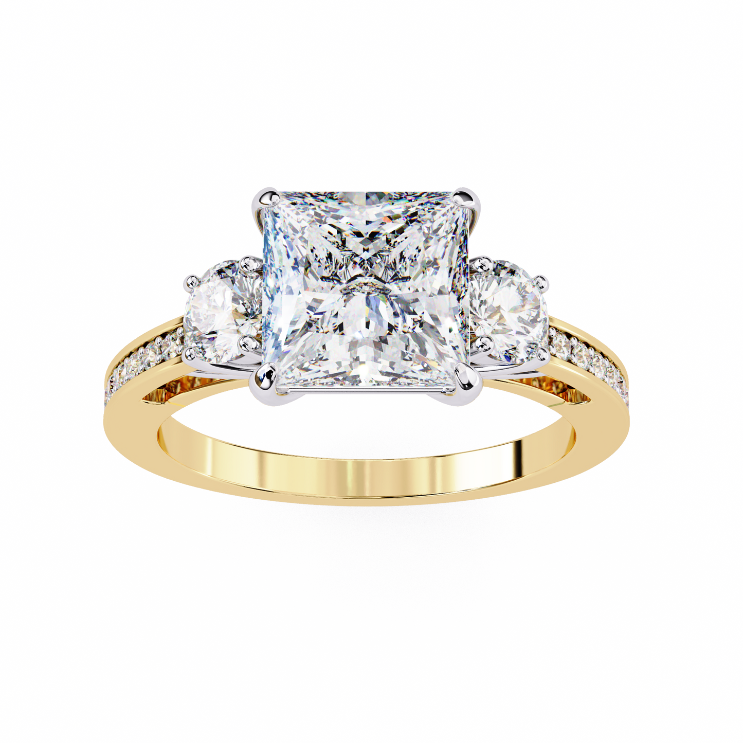 3 Stone Princess & Round Cut Diamond Engagement Ring