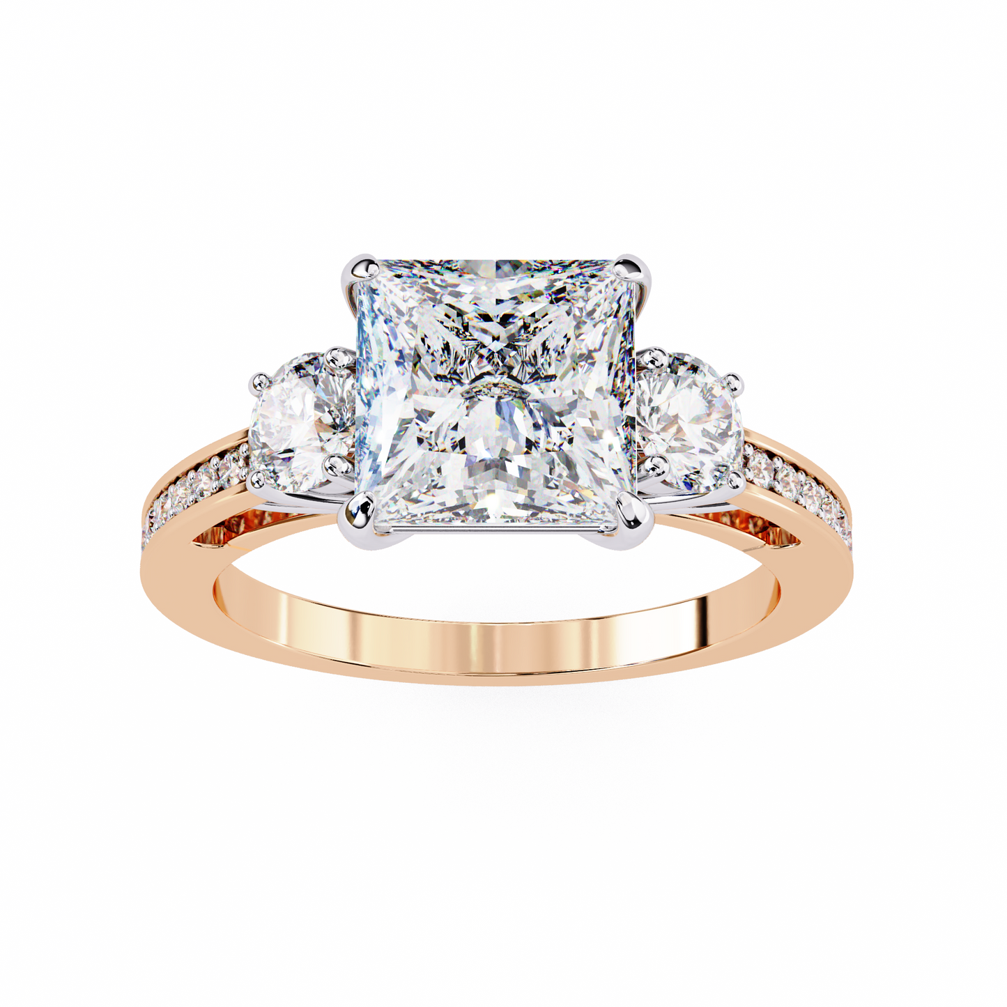 3 Stone Princess & Round Cut Diamond Engagement Ring