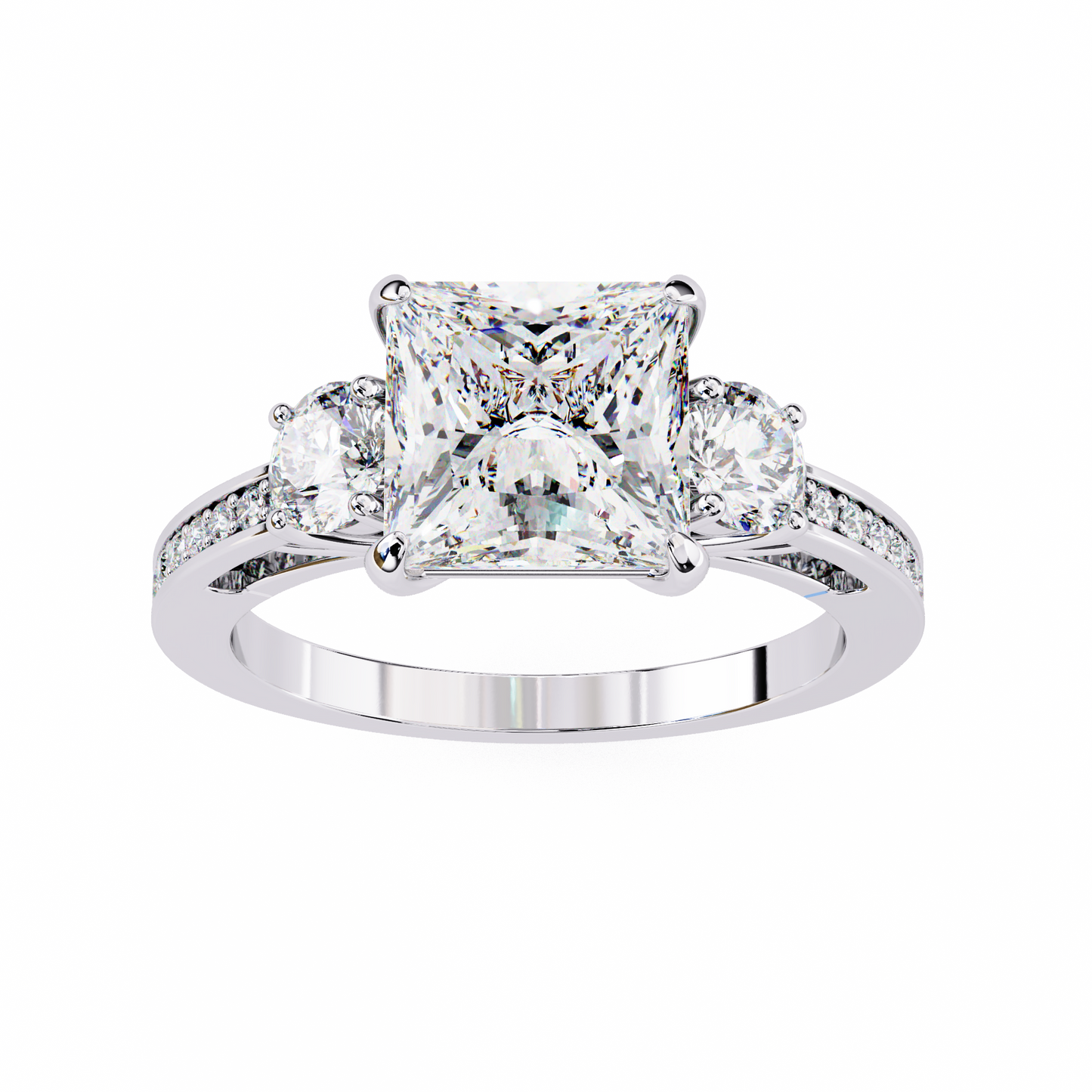 3 Stone Princess & Round Cut Diamond Engagement Ring