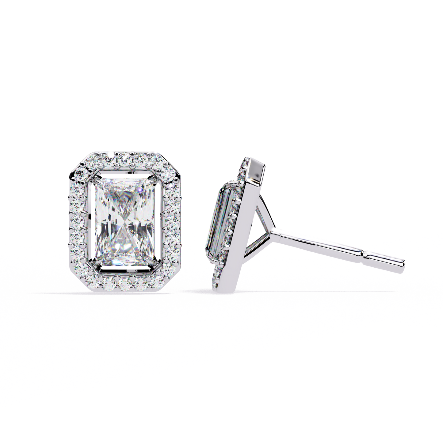 1.60 CT Radiant Cut & Round Cut Halo Diamond Stud Earrings